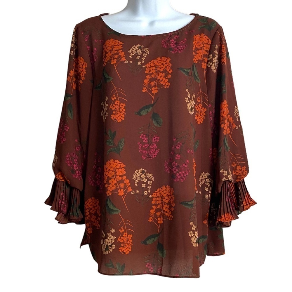 Brown Floral Blouse Sz Medium Ruffle Sleeves Top Peasant Feminine Boho Modest